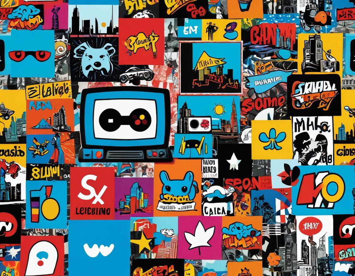 A vibrant collage capturing the essence of modern pop culture, featuring icons like vintage video games, trendy fashion pieces, colorful street art, and snippets of social media. Intertwined are relatable personal anecdotes shown as comic-style speech bubbles. The background is a lively cityscape blending past and present influences, radiating a fun and engaging atmosphere. bright colors. dynamic composition. 3D elements.