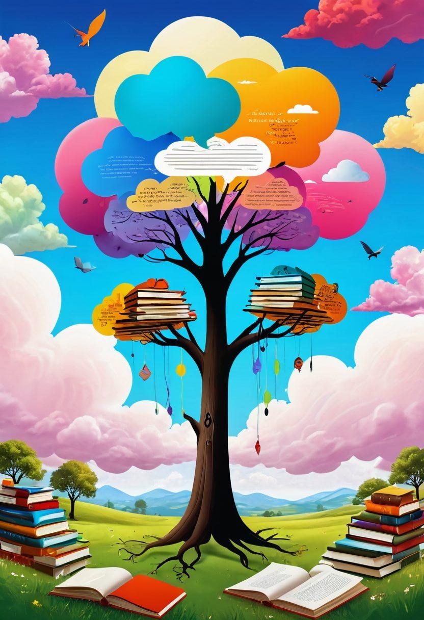 A whimsical landscape with a quirky tree shaped like a pen, surrounded by floating books and satirical characters engaging in humorous activities. The sky is filled with colorful clouds shaped like speech bubbles containing witty quotes. The scene is vibrant and imaginative, inviting readers to explore their creativity. cartoon art style. vibrant colors.